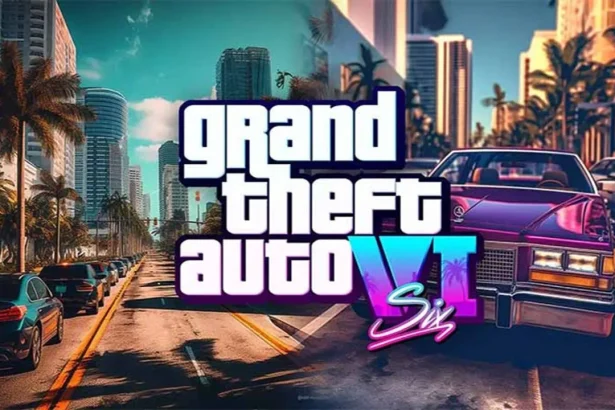 Žaidimo „Grand Theft Auto VI“ logotipas su miesto panorama, palmėmis ir klasikine mašina.