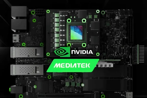 Kompiuterio plokštė su NVIDIA ir MediaTek logotipais, pabrėžianti technologinę partnerystę.